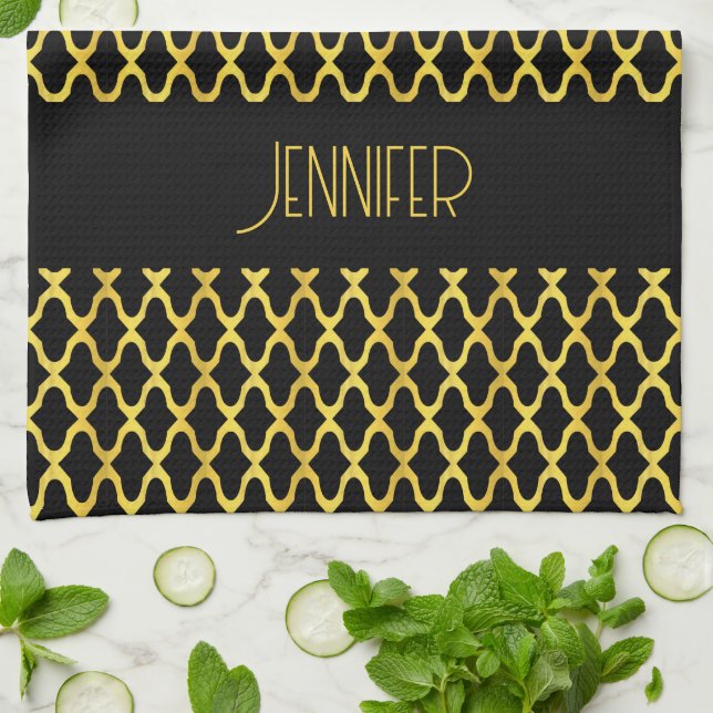 Monogram gold and black quatrefoil pattern kitchen towel (Folded)