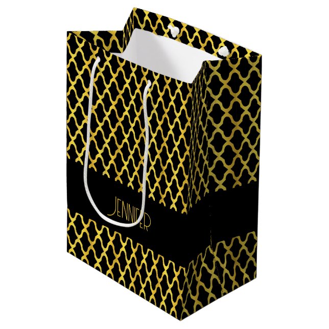 Monogram gold and black quatrefoil pattern medium gift bag (Front Angled)