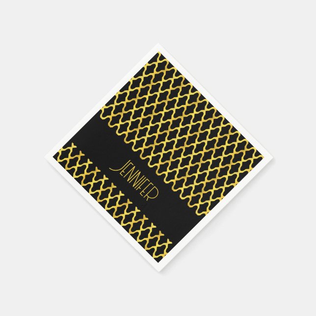 Monogram gold and black quatrefoil pattern napkin (Corner)