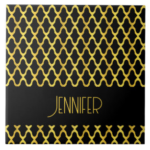 Monogram gold and black quatrefoil pattern tile