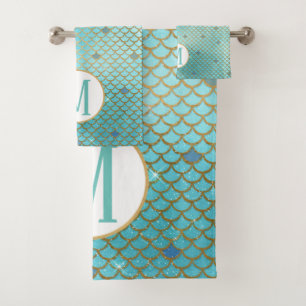 Monogram Gold and Blue Ombre Mermaid Scales Bath Towel Set