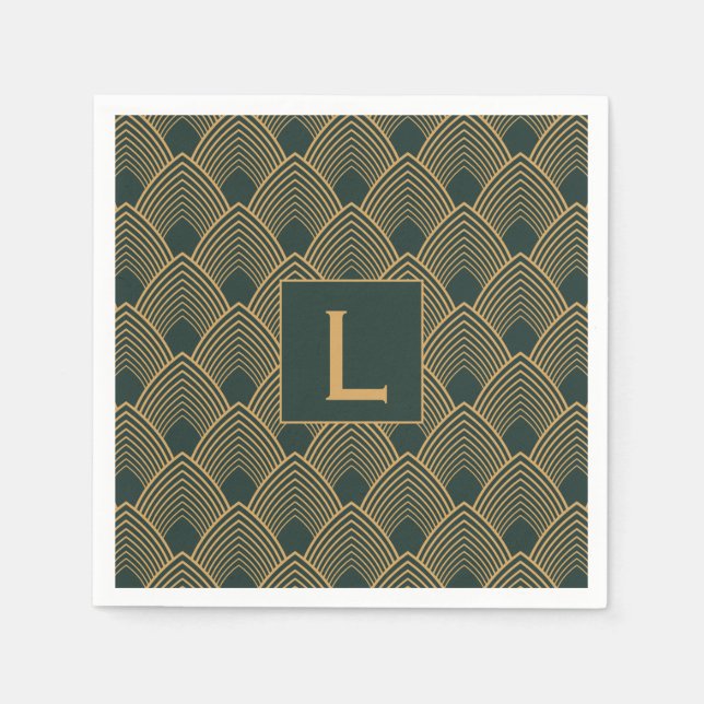 Monogram Gold and Emerald Green Art Deco Pattern  Napkin (Front)