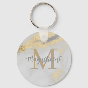 Monogram Gold and Grey Marble Keychain