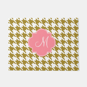 Monogram Gold and Pink Houndstooth Pattern Doormat