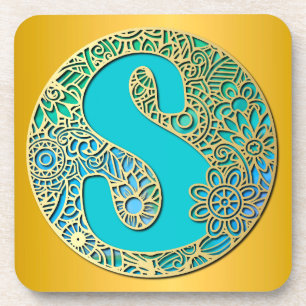 Monogram Gold and Turquoise S and Colourful Flower Coaster