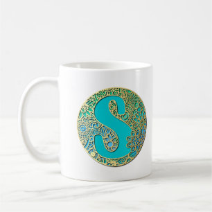 Monogram Gold and Turquoise S and Colourful Flower Coffee Mug