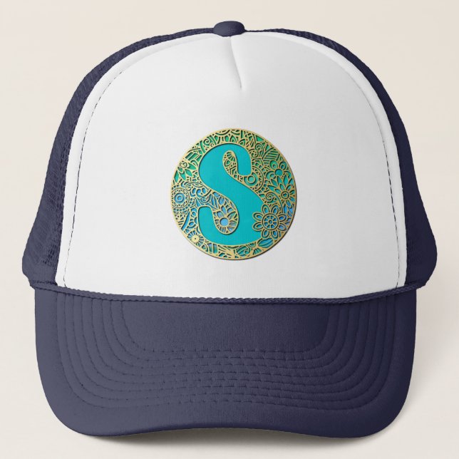 Monogram Gold and Turquoise S and Colourful Flower Trucker Hat (Front)