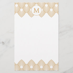 Monogram Gold and White Art Deco Pattern Stationery