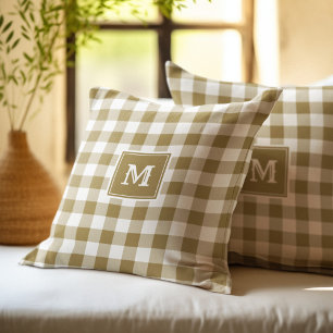 Monogram Gold and White Buffalo Plaid Throw Pillow