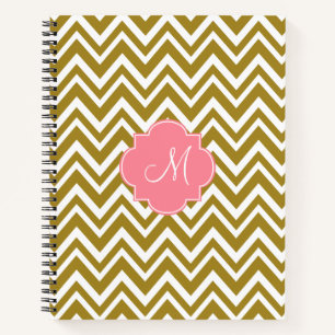 Monogram Gold and White Chevron Pattern with Pink Notebook
