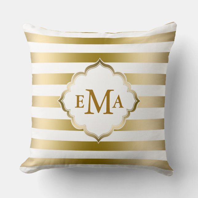 Monogram Gold And White Stripes Geometric Pattern Throw Pillow (Front)