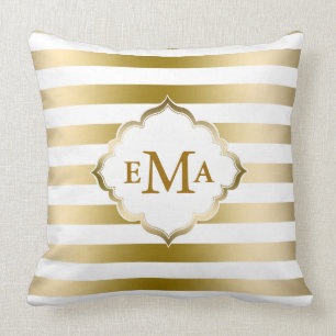Monogram Gold And White Stripes Geometric Pattern Throw Pillow