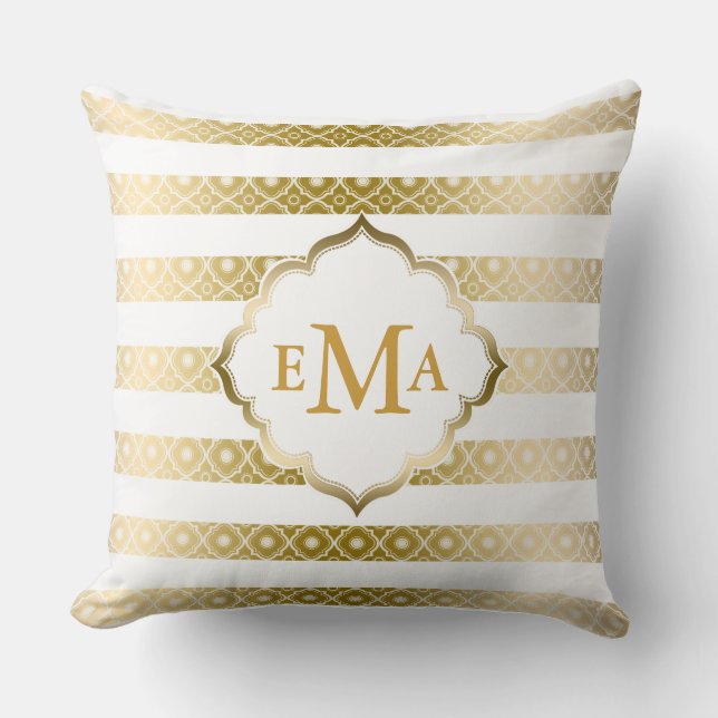 Monogram Gold And White Stripes & Quatrefoil Throw Pillow (Front)