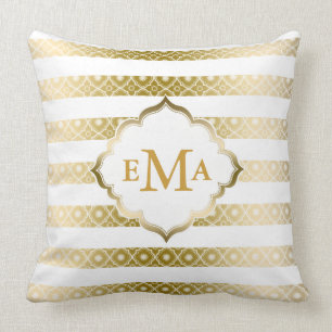 Monogram Gold And White Stripes & Quatrefoil Throw Pillow