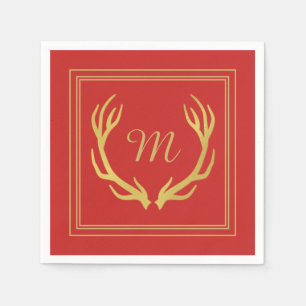 Monogram Gold Antlers Christmas Paper Napkin   Red