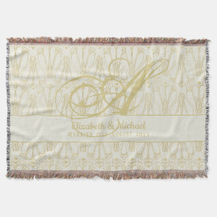 Monogram Gold ArtDeco Newlyweds Wedding Elegant Throw Blanket