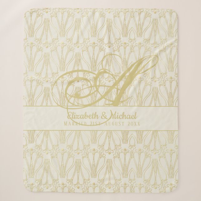 Monogram Gold ArtDeco Newlyweds Wedding Sherpa Blanket (Front)