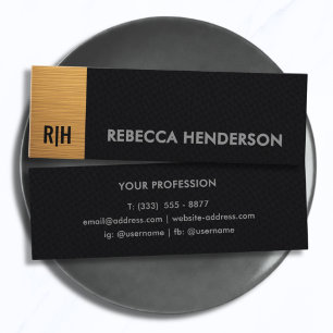 Monogram Gold Bar & Black Leather Mini  Business Card