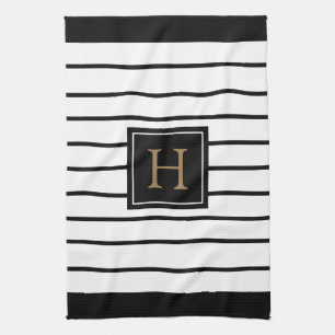 Monogram Gold Black and White Striped Kitchen Towel