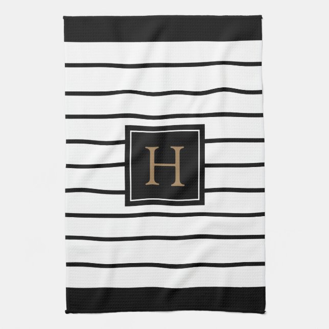 Monogram Gold Black and White Striped Kitchen Towel (Vertical)