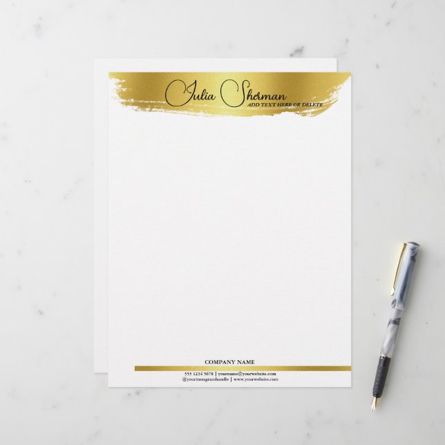 Monogram Gold Black Chic Modern Script Minimalist Letterhead (Front/Back In Situ)