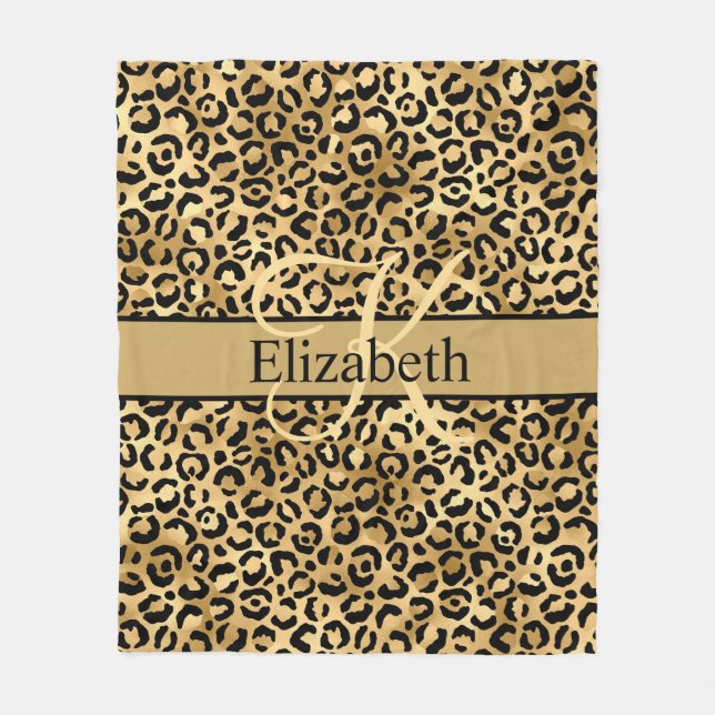 Monogram Gold Black Leopard Print Fleece Blanket (Front)