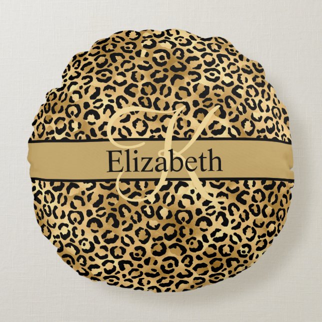 Monogram Gold Black Leopard Print Trendy Round Pillow (Front)