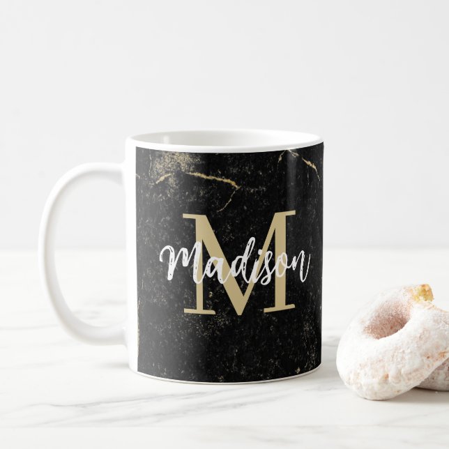 Monogram Gold Black Marble Coffee Mug (With Donut)