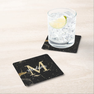 Monogram Gold Black Marble Square Paper Coaster