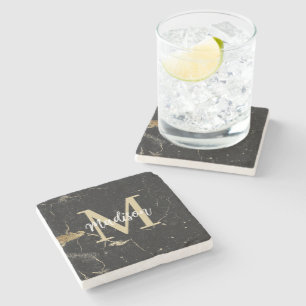 Monogram Gold Black Marble Stone Coaster