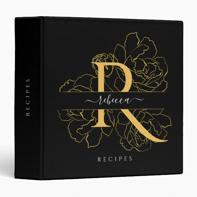 Monogram Gold Black Personalized Floral Recipe Binder (Front/Spine)