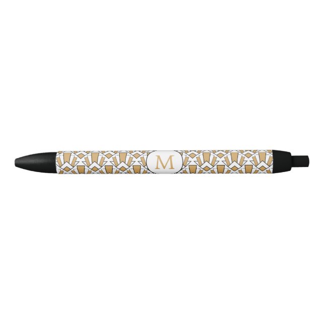 Monogram Gold, Black, White Art Deco Fan Flowers Black Ink Pen (Front)