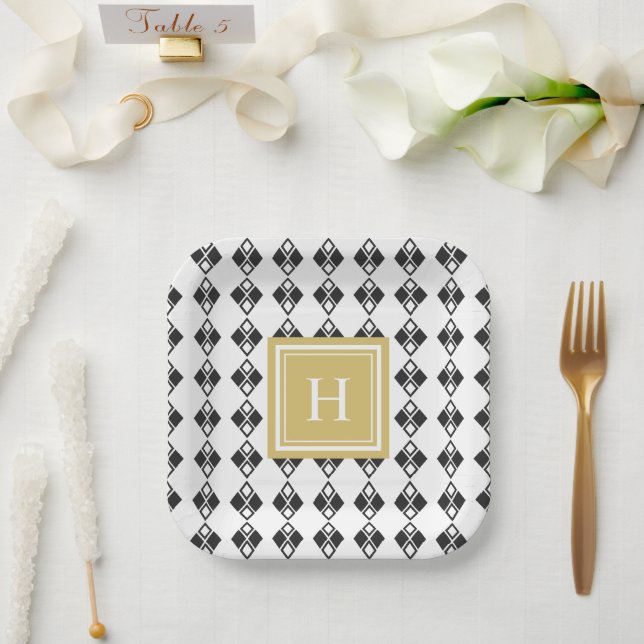 Monogram gold black white harlequin pattern paper plate (Wedding)
