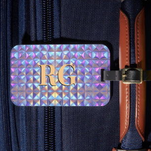 Monogram, Gold, Blue & Purple Iridescent Geometric Luggage Tag