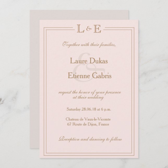 Monogram gold blush grey ampersand modern wedding invitation (Front/Back)