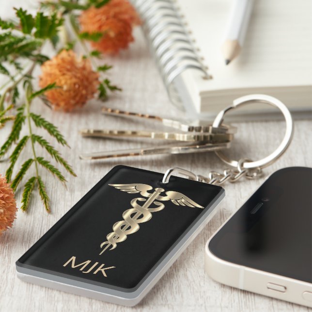 Monogram Gold Caduceus Keychain (Front Right)