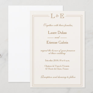 Monogram gold champagne white chic modern wedding invitation