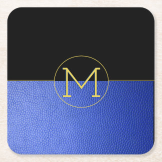 Monogram Gold Circle Blue Faux Leather & Black Square Paper Coaster