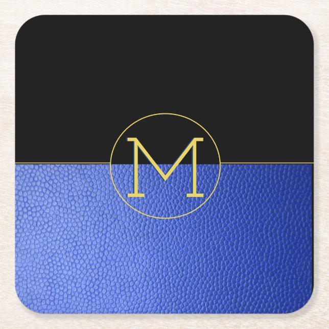 Monogram Gold Circle Blue Faux Leather & Black Square Paper Coaster (Front)