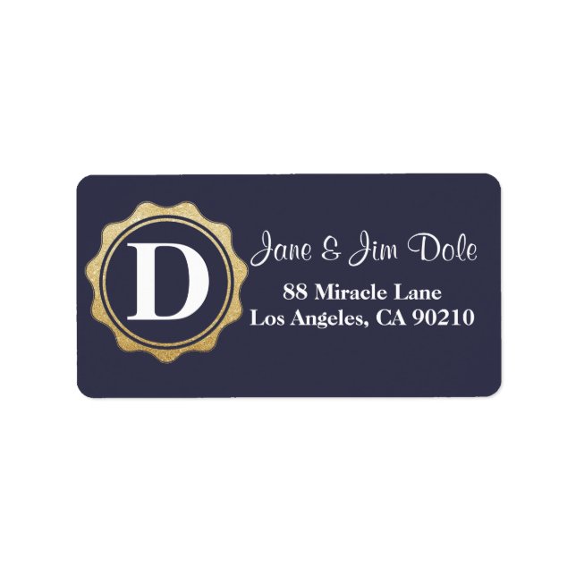 Monogram Gold Circle Return Address Label Navy 09 (Front)