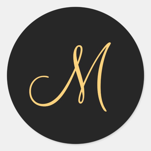 Monogram , gold coloured initial M on black, Classic Round Sticker (Front)