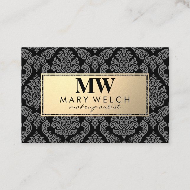 Monogram Gold Damask Pattern Gold Frame Appointment Card (Front)