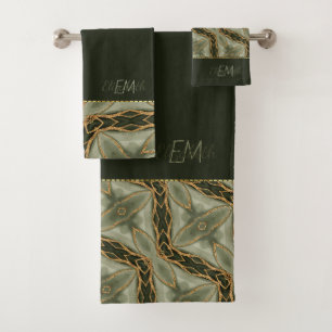 Monogram Gold Dark Green Stylish Modern Bath Towel Set