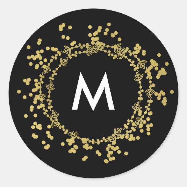 Monogram Gold Decorative Christmas Black Classic Round Sticker (Front)