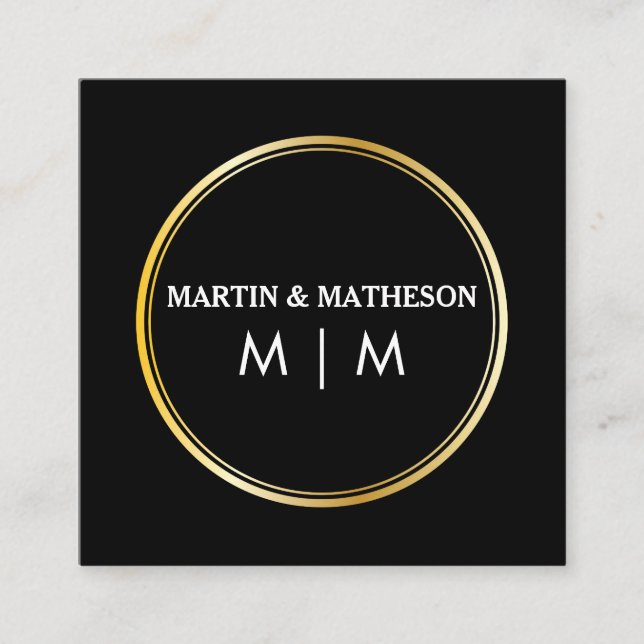 Monogram Gold Double Ring Square Business Card (Front)