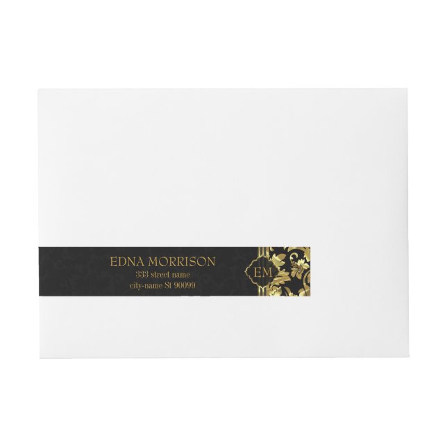 Monogram Gold Floral Damask Wraparound Address Label (Front)
