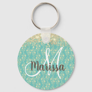 Monogram Gold Floral on Green Keychain