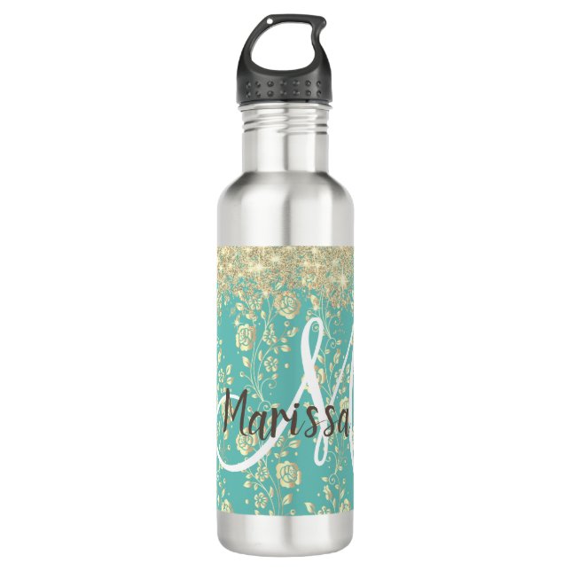 Monogram Gold Floral on Green Teal 710 Ml Water Bottle (Front)