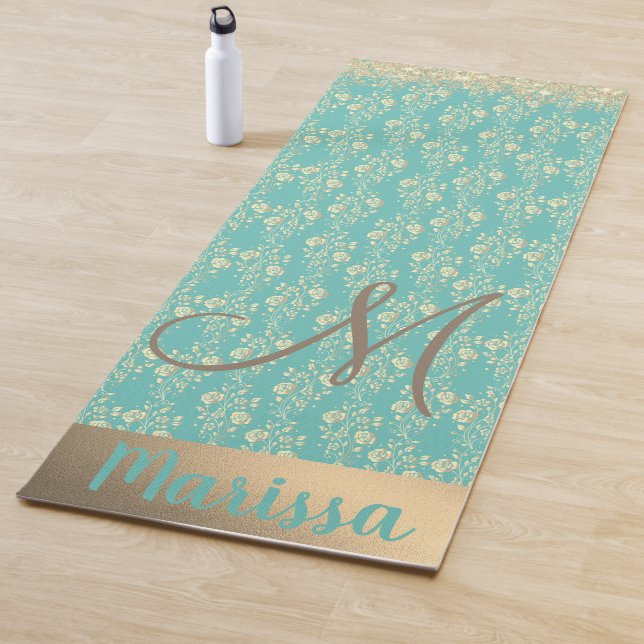 Monogram Gold Floral on Green Teal Custom Yoga Mat (In Situ)