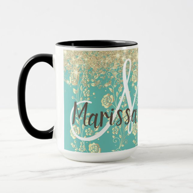 Monogram Gold Floral on Green Teal Glitter  Mug (Left)